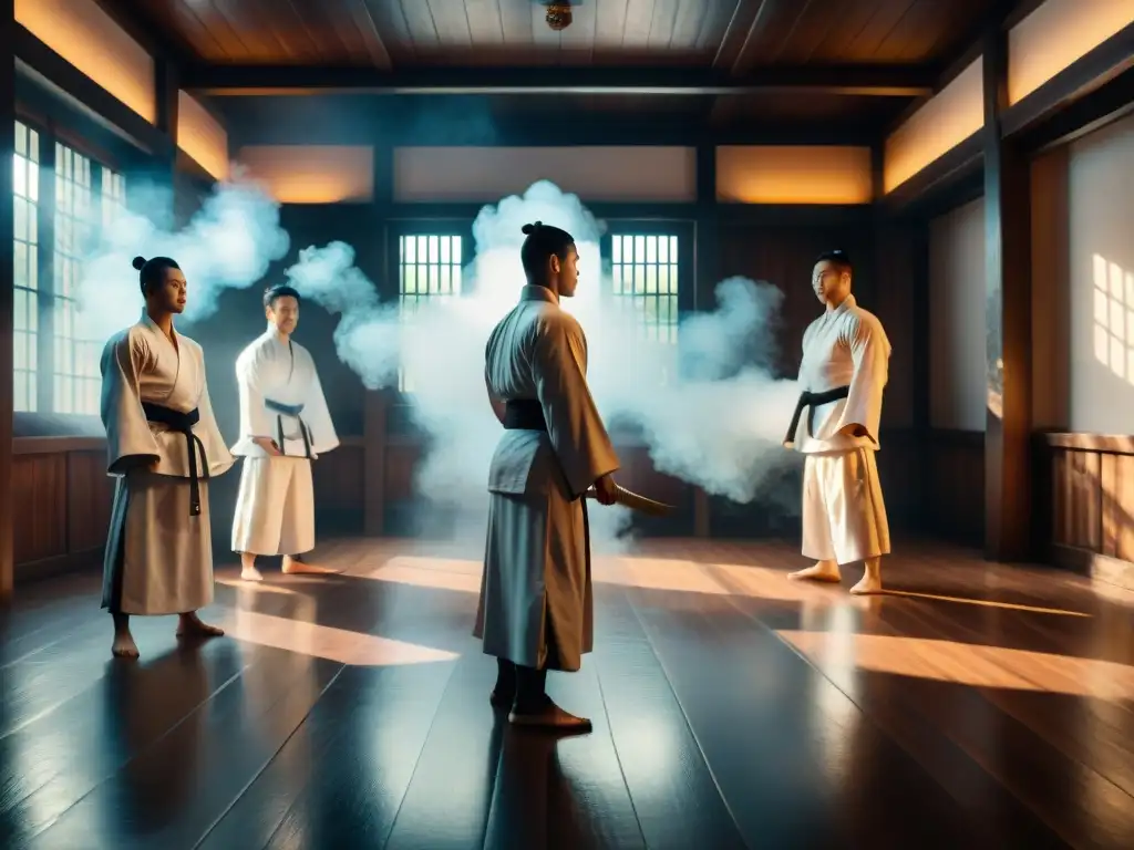 Estudiantes de artes marciales en ritual de iniciación con maestro en dojo iluminado