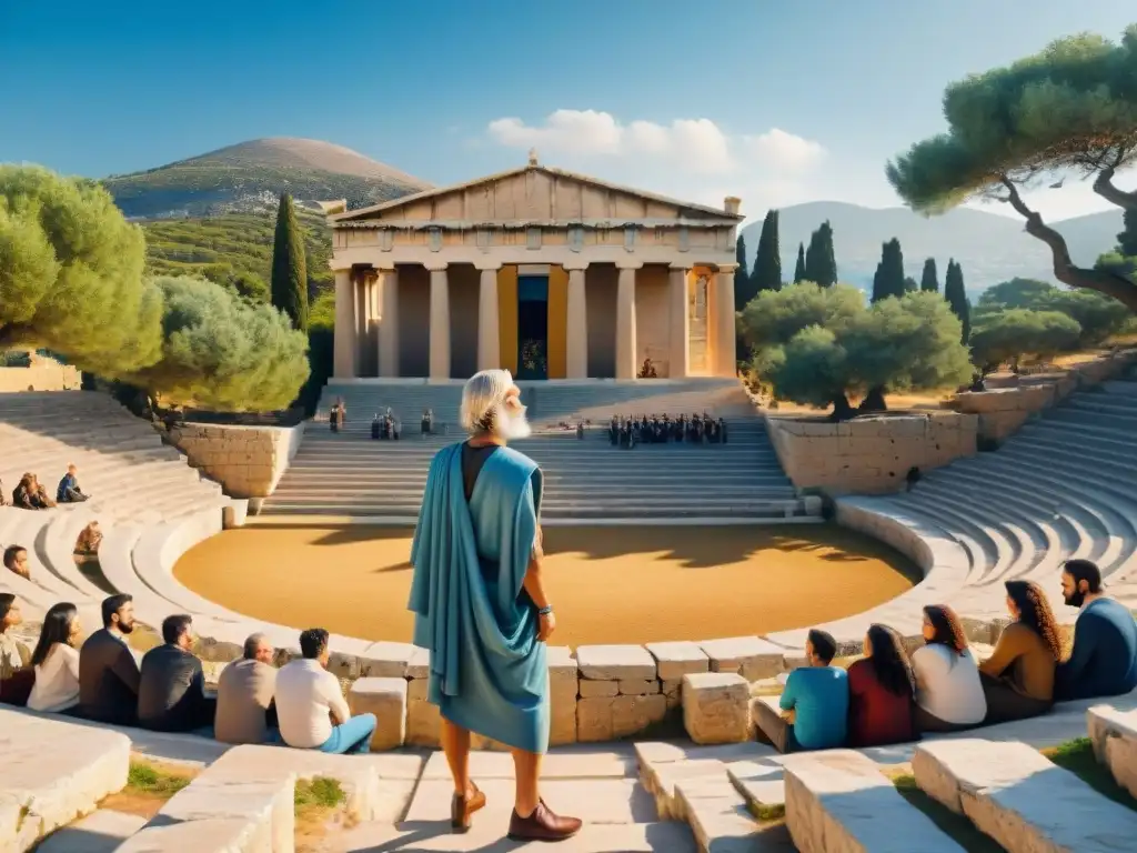 'Estudiantes escuchando atentos a Platón en anfiteatro griego antiguo bajo cielo azul