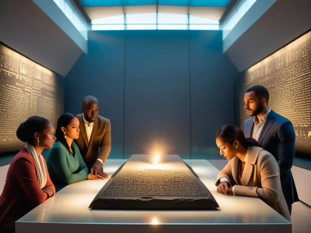 Estudio detallado de eruditos alrededor de la Piedra Rosetta en el British Museum, iluminados por la luz de las velas