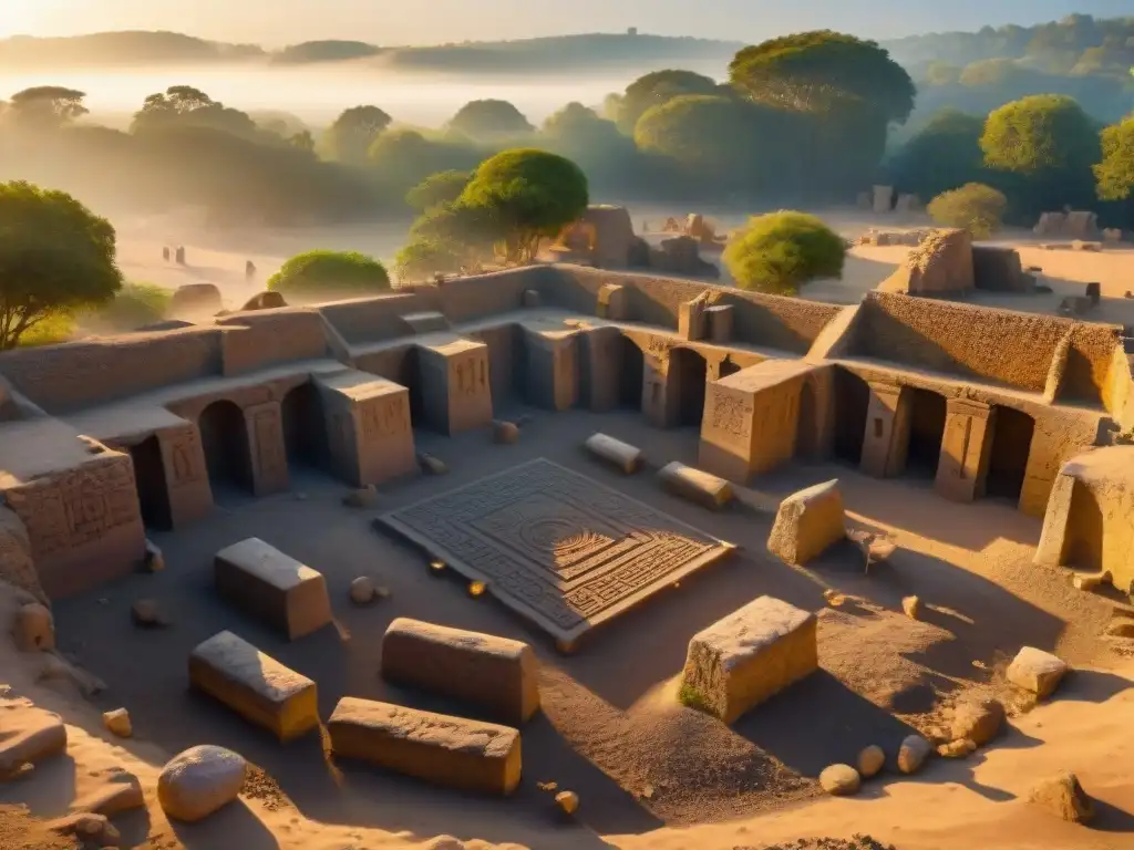 Excavación arqueológica al atardecer: descubriendo reliquias antiguas Estudio detallado de excavación arqueológica al atardecer, mostrando ruinas antiguas emergiendo y equipo de investigadores documentando inscripciones