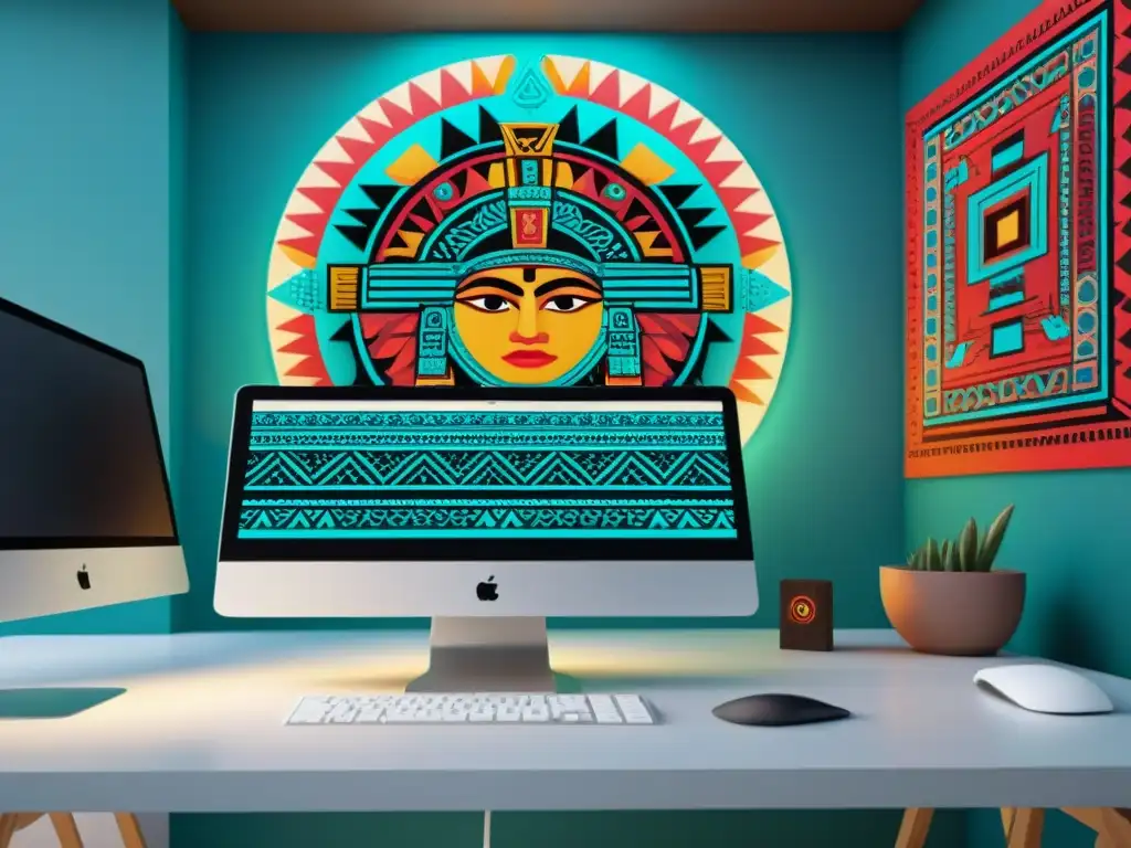 Un estudio de diseño gráfico contemporáneo con motivos aztecas actuales integrados en la decoración y herramientas de diseño