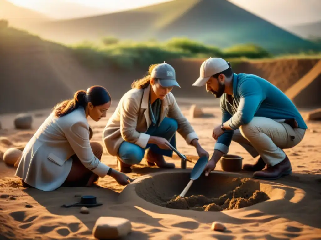 Excavación arqueológica al atardecer con equipo y psíquico conectando con el pasado