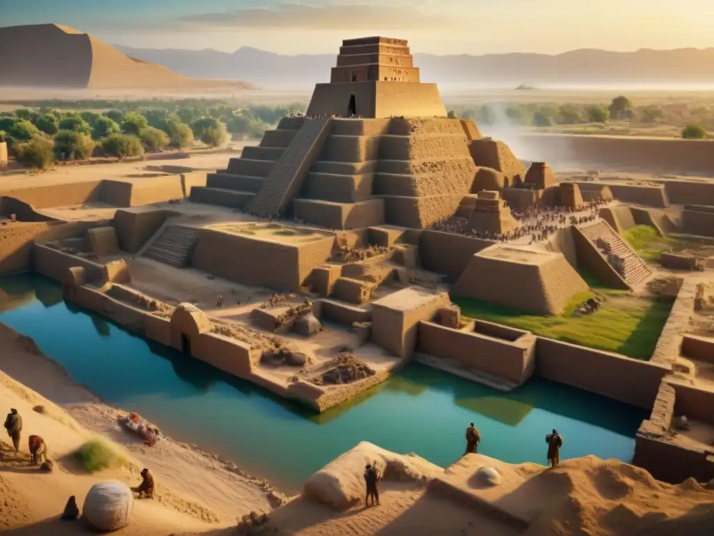 Excavación arqueológica en Mesopotamia al atardecer, alimentando las teorías sobre la Torre de Babel