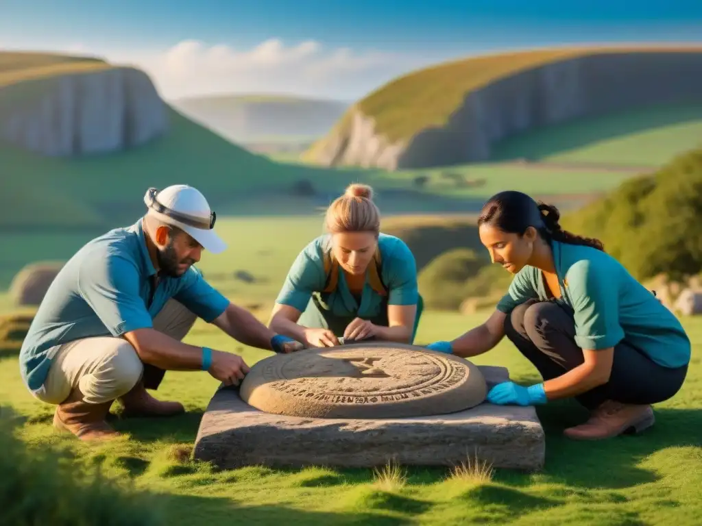 Excavación de calendario neolítico con solsticios y equinoccios en paisaje verde bajo cielo azul