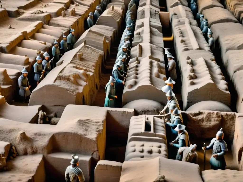 Excavación cuidadosa de arqueólogos revelando secretos del Ejército Terracota Qin Shi en Xi'an, China