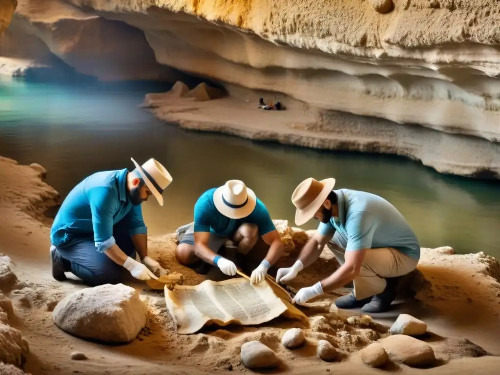 Excavación detallada de arqueólogos descubriendo secretos de los Rollos del Mar Muerto