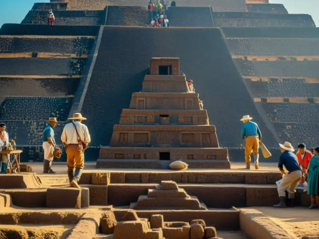 Excavación detallada en la base de la Pirámide del Sol Teotihuacán, revelando misterios arqueológicos bajo el sol