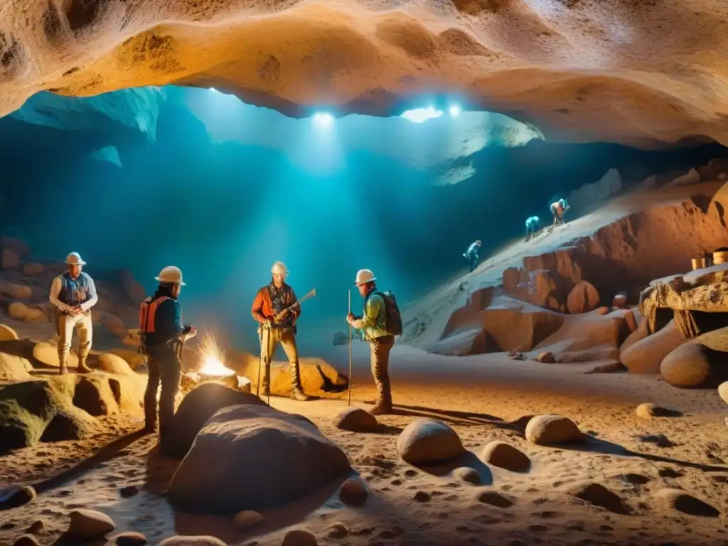 Excavación detallada en cueva prehistórica con pinturas de danzas perdidas iluminadas por arqueólogos