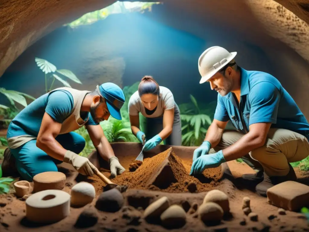 Excavación arqueológica en la jungla: descubriendo tesoros antiguos Excavación meticulosa de artefactos antiguos en la jungla, destacando la conservación de civilizaciones antiguas