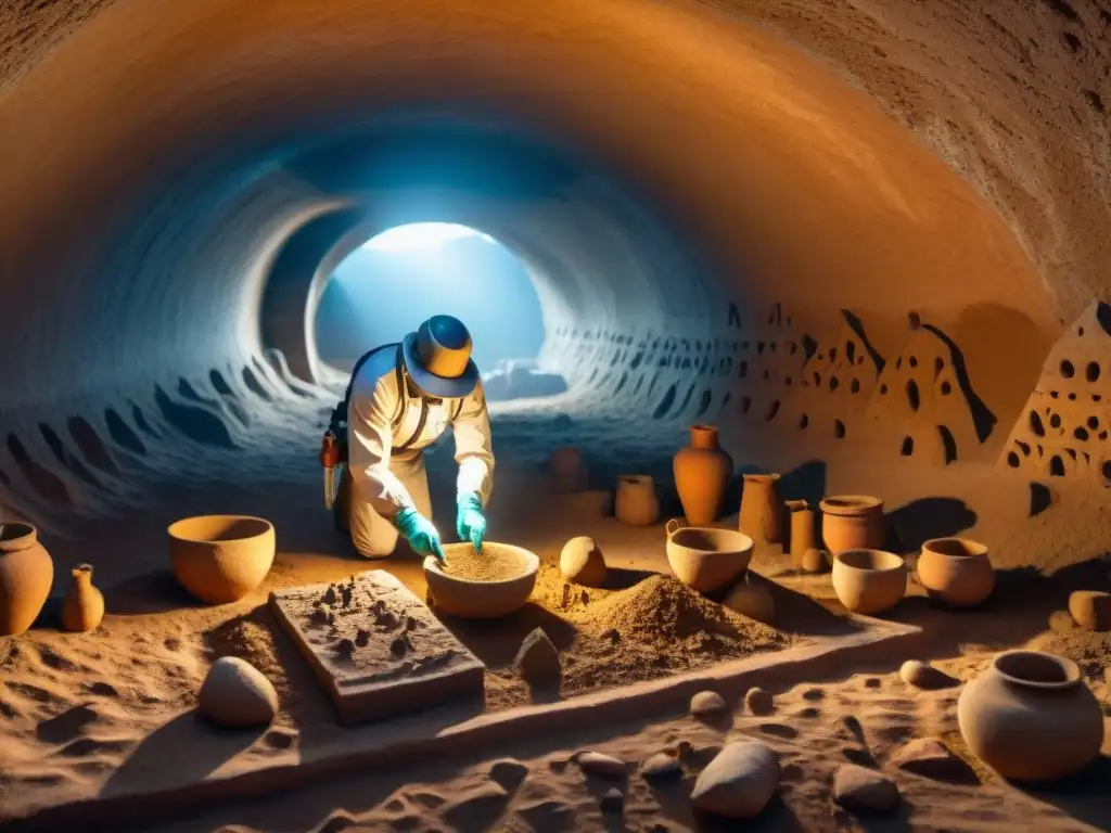 Excavación meticulosa en cámara subterránea con artefactos antiguos y arqueólogos, revelando secretos de ciudades subterráneas antiguas