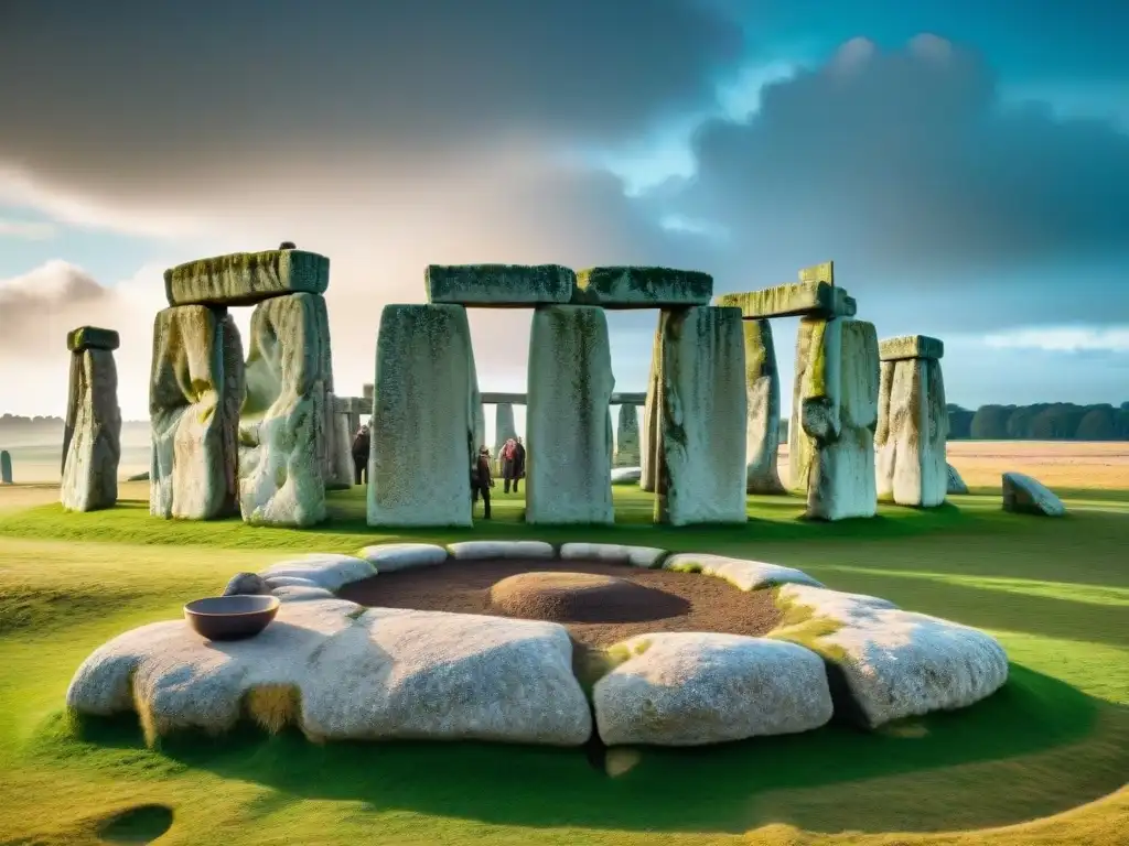 Excavación minuciosa de arqueólogos desenterrando artefactos en Stonehenge, revelando rituales ancestrales