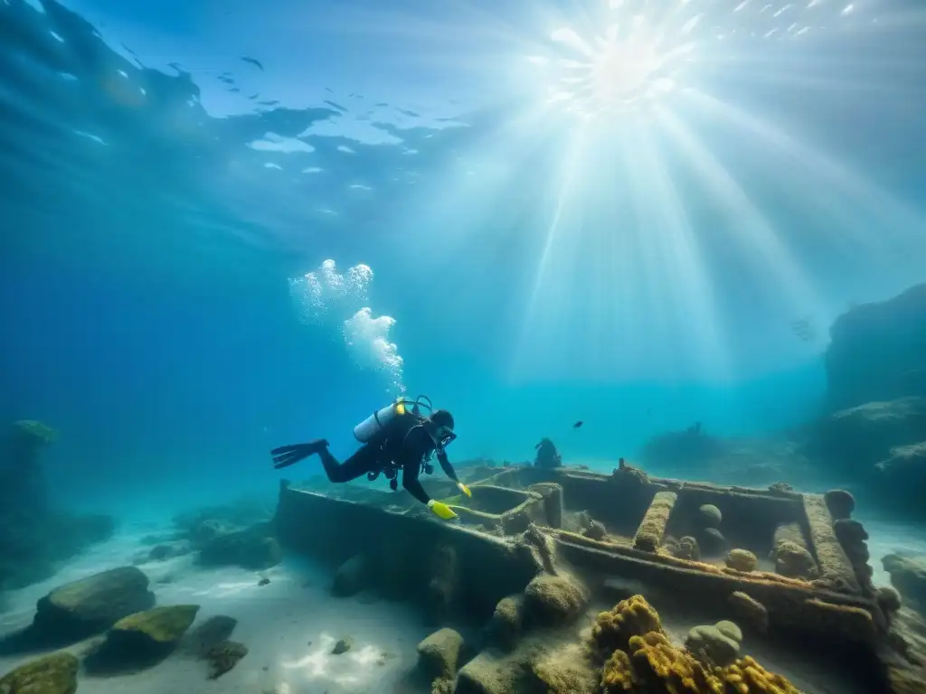 Excavación submarina de artefactos antiguos descubiertos en el mar por arqueólogos, rodeados de vida marina y rayos de luz