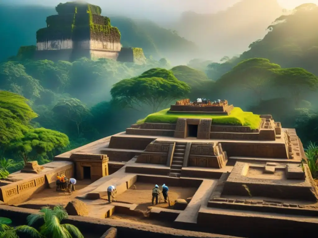 Excavación en templo precolombino oculto, arqueólogos revelan símbolos antiguos en la jungla al atardecer