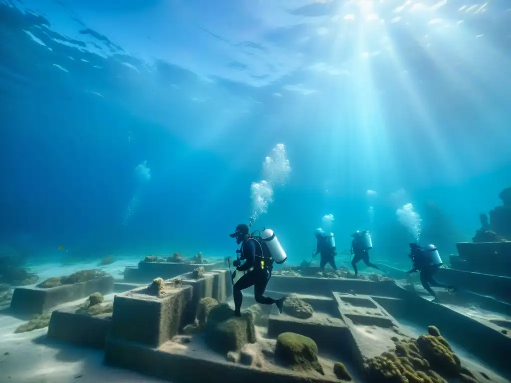 Excavaciones submarinas en Heracleion revelan descubrimientos de la antigua ciudad sumergida, rodeada de peces y luz solar