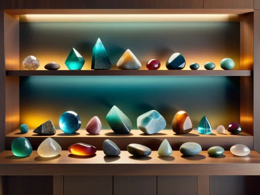 Una exhibición de piedras minerales con energía, iluminadas por suaves rayos de sol en una habitación serena y mística