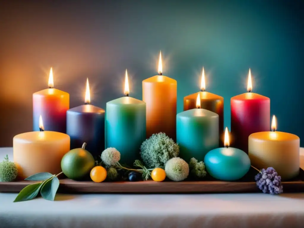 Una exhibición de velas coloridas y aromáticas, rodeadas de hierbas y cristales, que evoca el significado espiritual de los aromas y colores