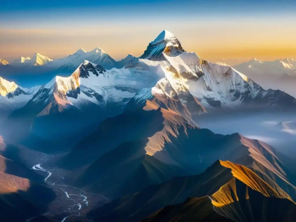 Expediciones a Shambhala en Himalayas: Amanecer dorado sobre picos nevados, una vista aérea impresionante