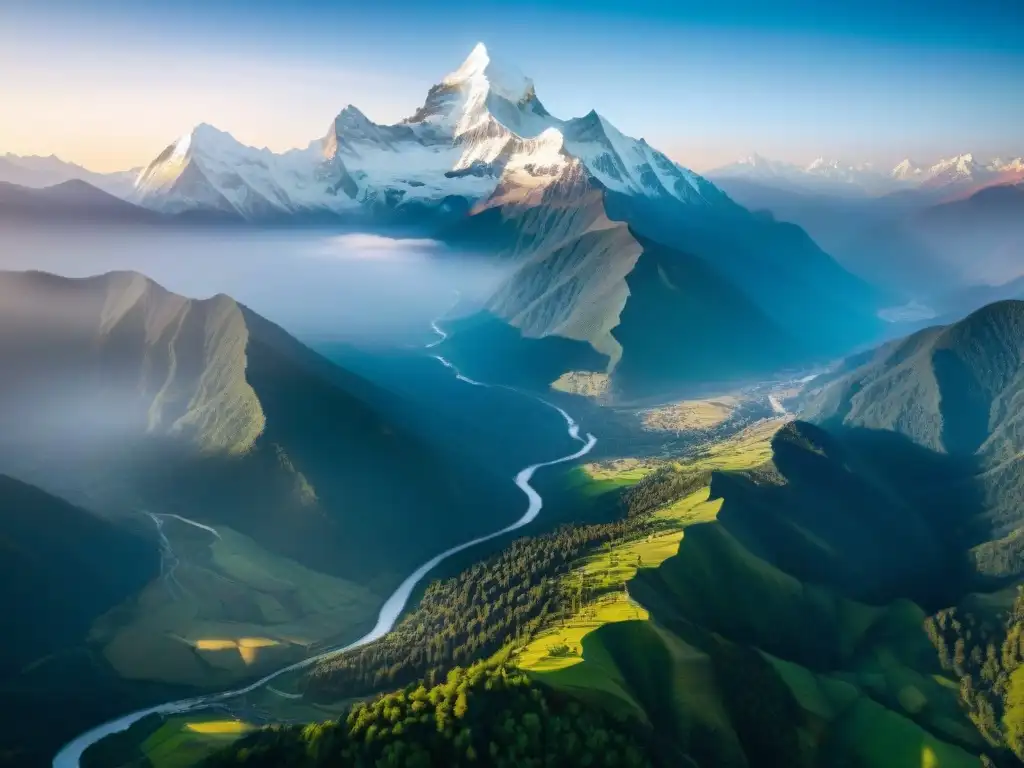 Expediciones a Shambhala en Himalayas: Majestuosos picos nevados y senderos serpenteantes en un paisaje impresionante