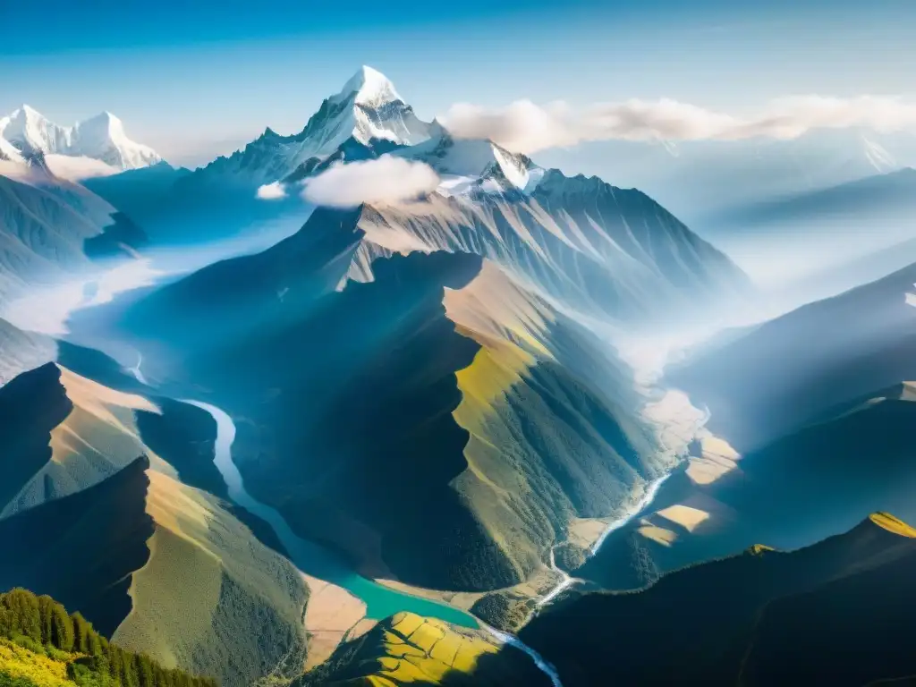 Expediciones a Shambhala en Himalayas: Vista aérea impresionante de picos nevados y valles profundos en la majestuosa cordillera del Himalaya