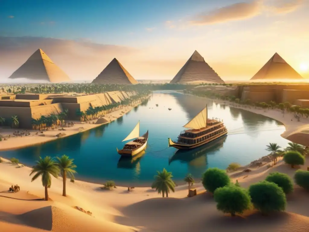 Experiencia inmersiva de Realidad virtual en el antiguo Egipto: el majestuoso Nilo, pirámides y atardecer vibrante