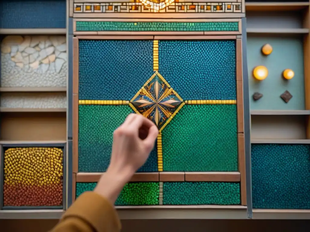 Restauración meticulosa de mosaico centenario con artesano experto Un experto artesano restaura con destreza un antiguo mosaico, reconstruyendo un intrincado patrón con piezas de azulejos coloridos