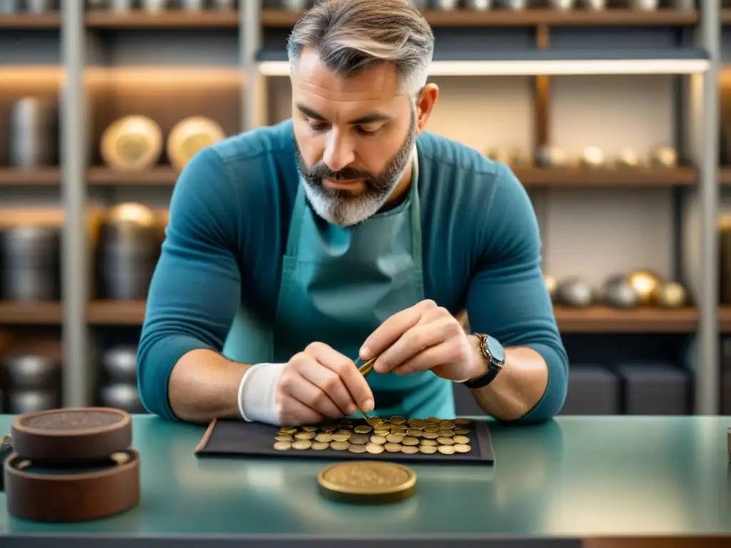 Un experto conservador limpia con delicadeza una rara moneda antigua bajo una lupa, destacando cada detalle