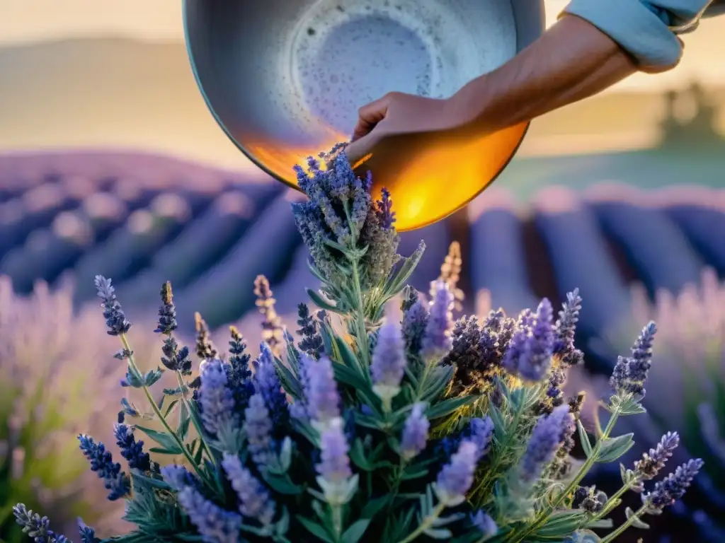 Un experto recolecta con cuidado flores de lavanda temprano, iniciando la extracción de aceites esenciales sostenibles