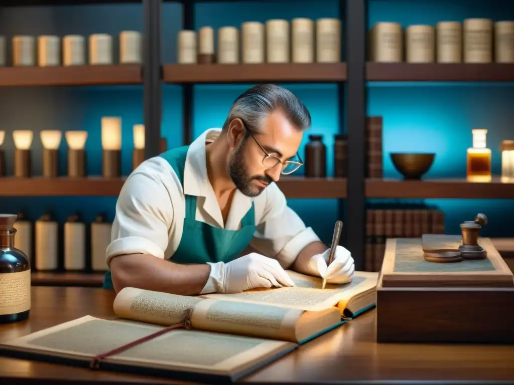 Experto en conservación restaurando manuscrito antiguo con meticulosidad