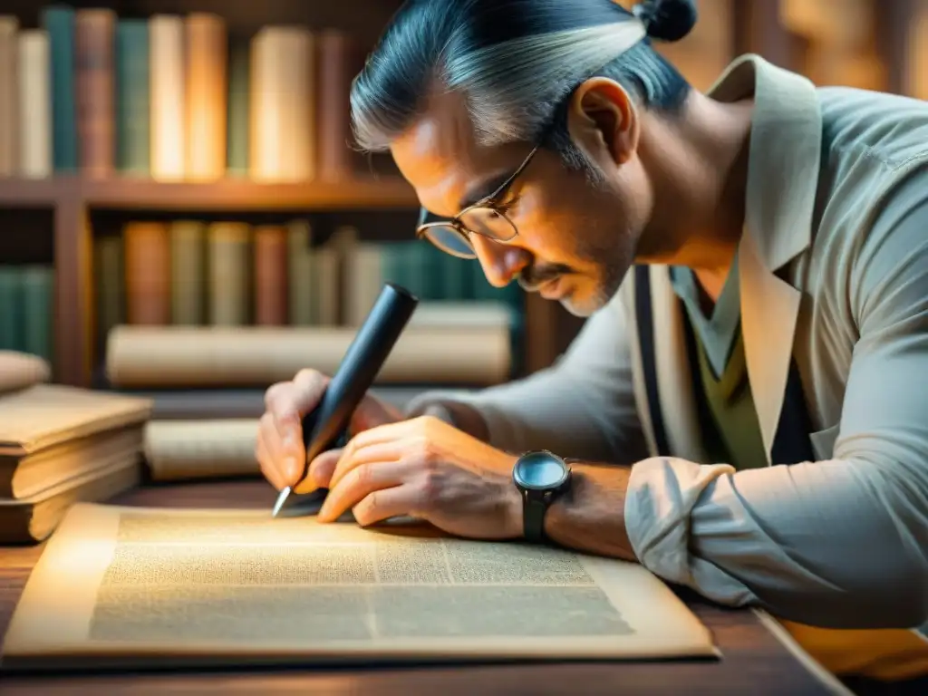 Un experto restaurador preservando con cuidado un manuscrito antiguo usando técnicas de preservación en un estudio auténtico