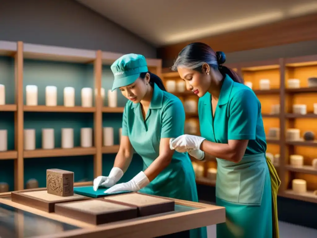 Restauración experta de artefacto antiguo: conservadores devotos Expertos en conservación restauran artefactos antiguos con cuidado en un museo