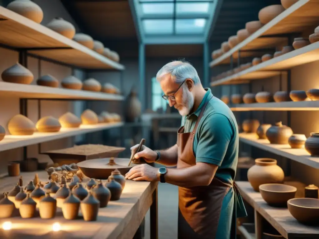 Expertos en conservación restauran artefactos antiguos con dedicación y precisión en taller atmosférico