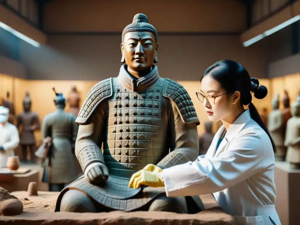 Expertos en restauración trabajan con precisión en la estatua del Guerrero de Terracota en un taller equipado