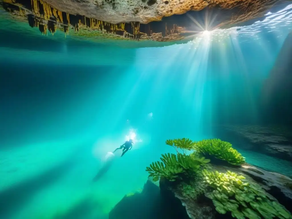 Exploración en cenotes Yucatán, pasadizos acuáticos entre agua turquesa y formaciones rocosas