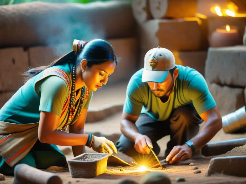 Exploración cuidadosa del Tesoro perdido de los Incas entre ruinas iluminadas por luz dorada