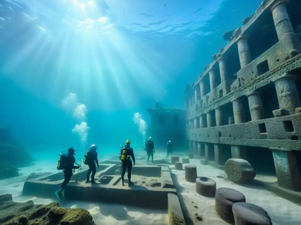 Exploración de descubrimientos ciudad sumergida Heracleion por arqueólogos bajo el mar