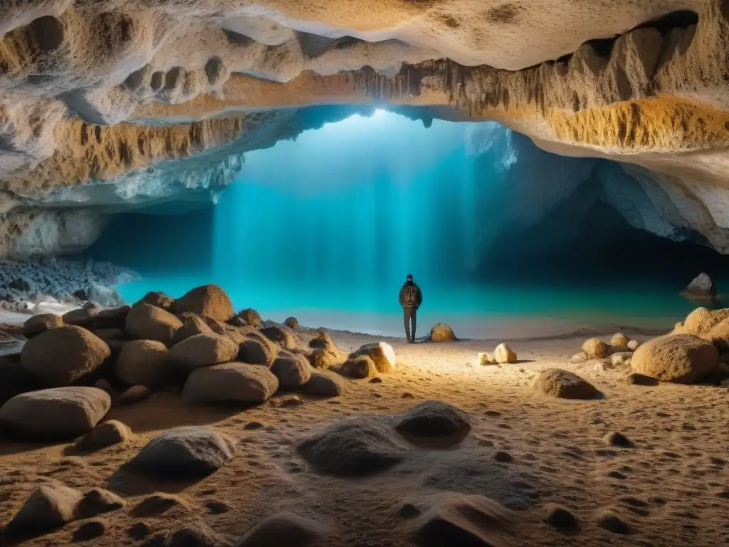 Exploración en inframundo: fascinante cueva subterránea griega, estalactitas, estalagmitas, sendero iluminado en misteriosa oscuridad