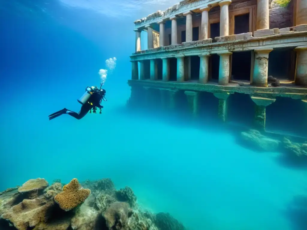 Exploración meticulosa de templos submarinos de antiguas civilizaciones entre aguas cristalinas y vida marina