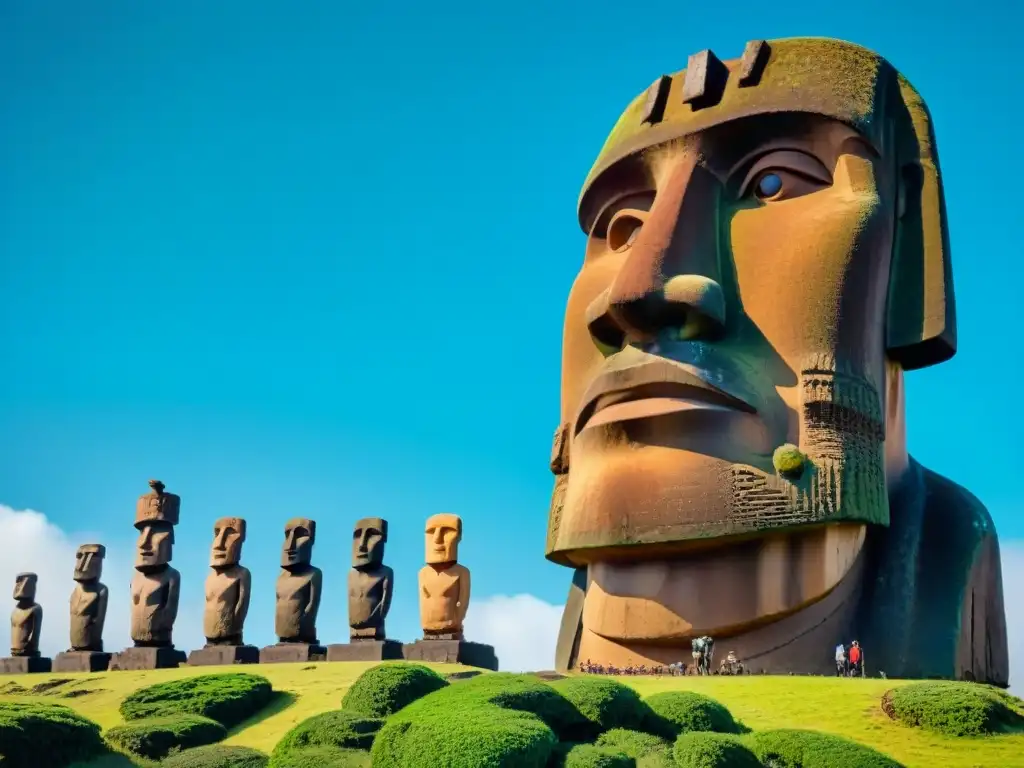 Exploración minuciosa de arqueólogos desenterrando Moai en Pascua, entre exuberante vegetación y cielo azul