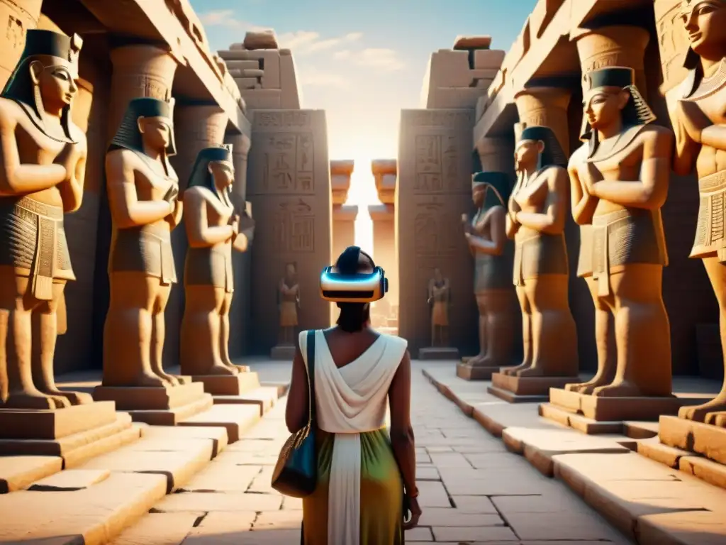 Exploración virtual del Templo de Karnak con turistas, hieroglíficos y estatuas colosales, una experiencia inmersiva en Egipto antiguo