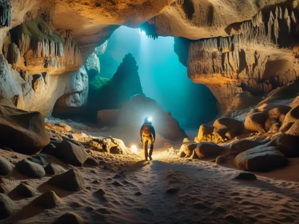 Explorador maravillado en una cueva antigua, iluminado por su lámpara en un pasaje estrecho