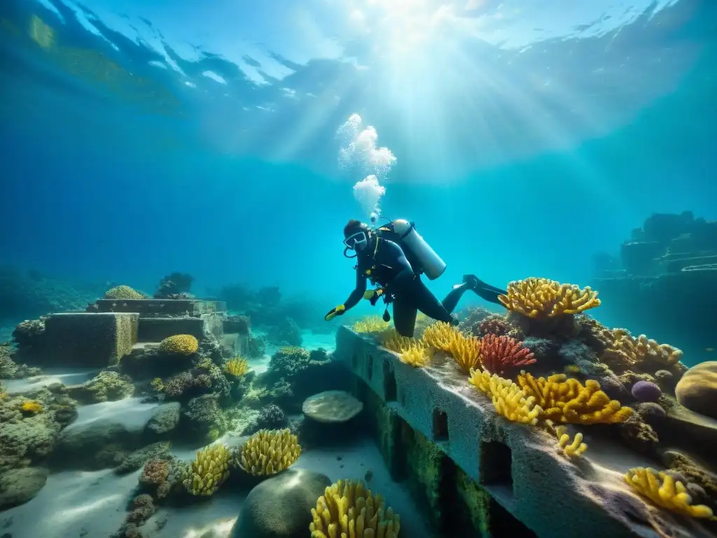 Explorador submarino descubriendo templos sumergidos entre peces coloridos y arrecifes, juego de luces y sombras