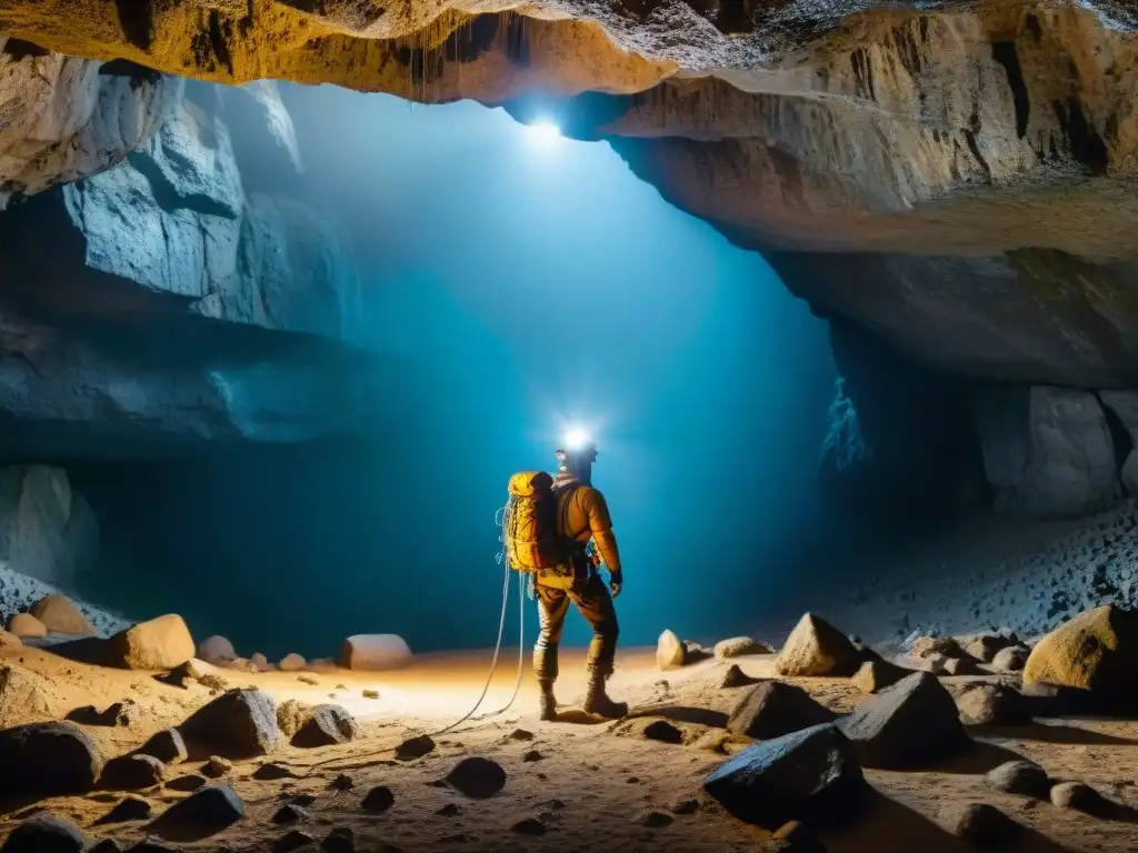 Exploradores en cueva de los Tayos, Ecuador, con linternas y cuerdas, en una expedición llena de misterio y aventura