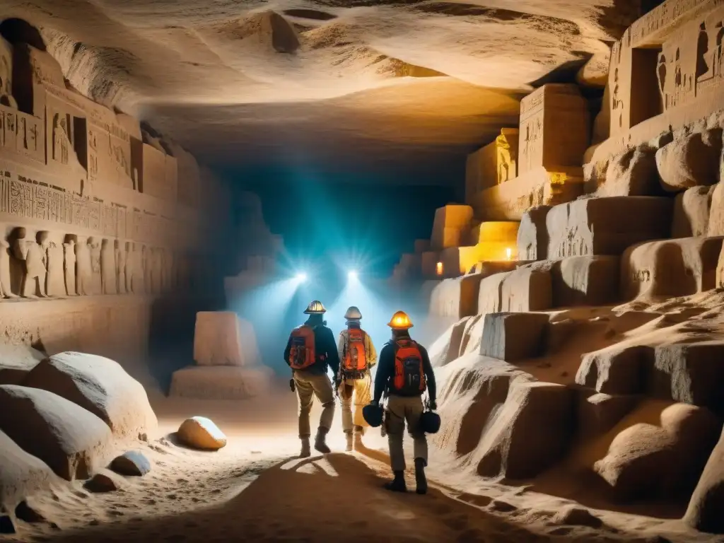 Exploradores en cuevas antiguas misteriosas con hieroglíficos y artefactos, evocando intriga y aventura en Egipto