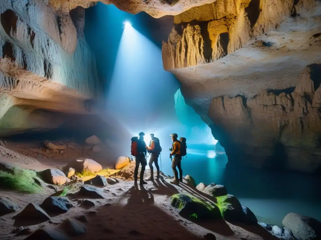 Exploradores equipados con linternas y equipo de escalada en una caverna antigua, revelando civilizaciones antiguas cavernas subterráneas