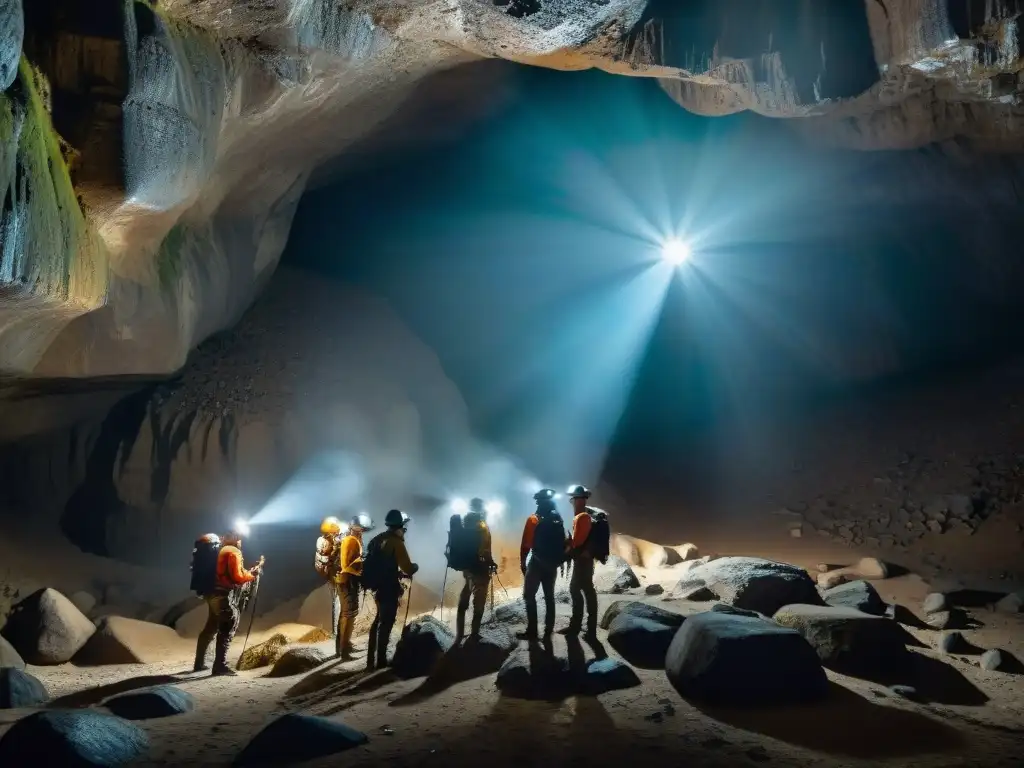 Exploradores con linternas en la Cueva de los Tayos, Ecuador