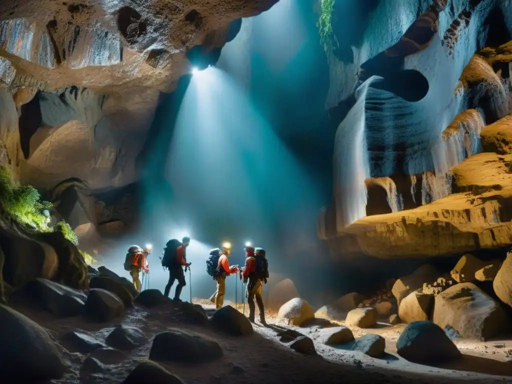 Exploradores con linternas y equipo de escalada en la misteriosa Cueva de los Tayos en Ecuador, revelando los secretos de sus pasadizos