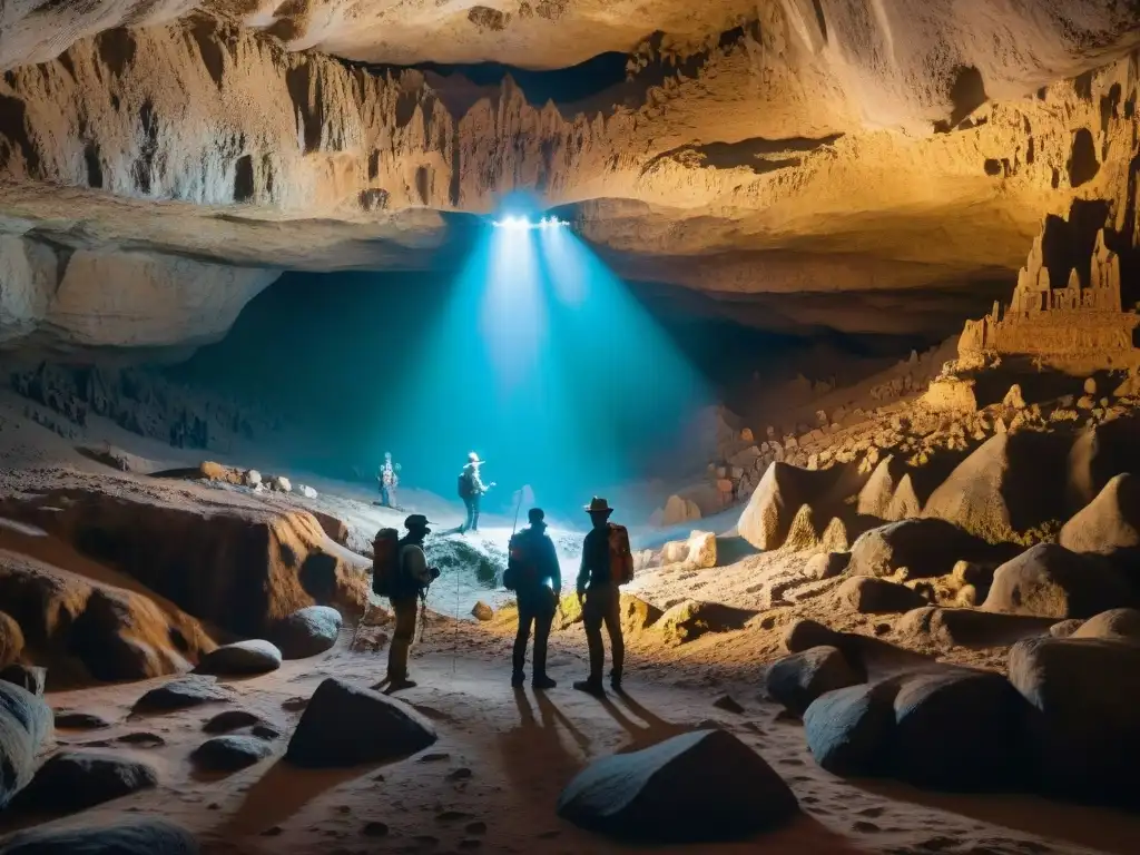 Exploradores maravillados en cueva antigua misteriosa, iluminados por estalactitas