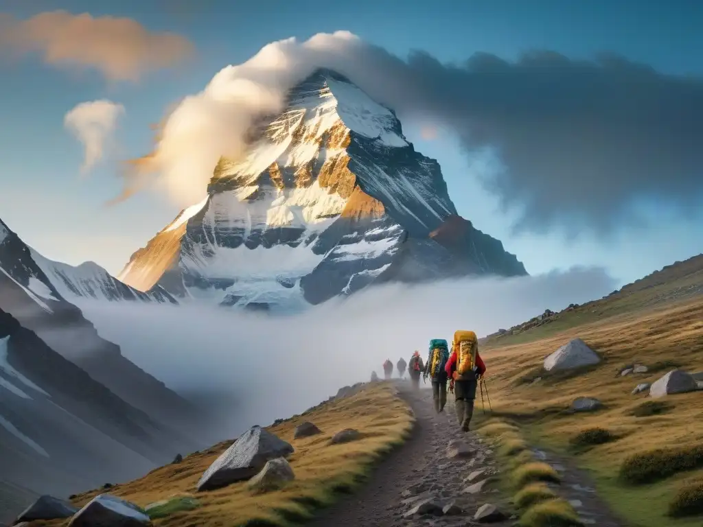 Exploradores siguiendo misterios espirituales en la montaña Mount Kailash, entre neblina y picos nevados