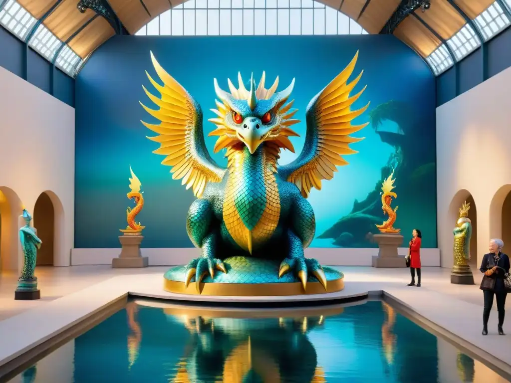 Una exposición de criaturas legendarias de la mitología, con un dragón majestuoso, una esfinge imponente y una sirena brillante