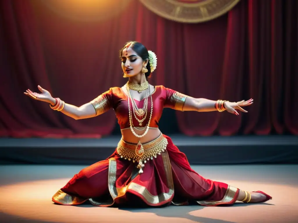 Expresiva danza clásica india con vestuario rojo y dorado, joyas y mudras, en un escenario con músicos